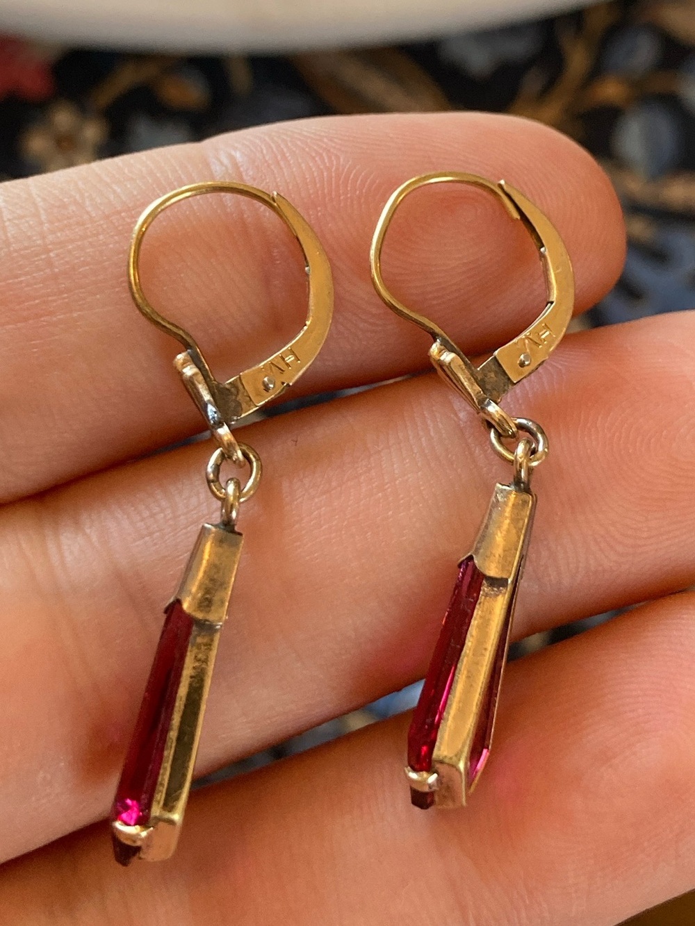 Art Deco Rolled Gold Faceted Glass Hinged Leverback Earrings Signed - Picture 8 of 11